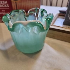 Murano Lavorazione Green Swirls  Art Glass Vase Italy 4¾" Tall